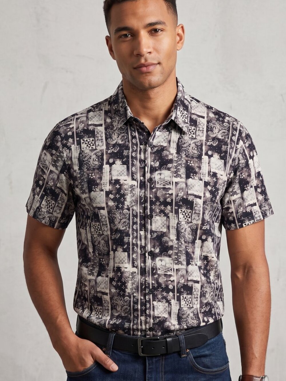 NWT | JOGAL Black & White Paisley Patchwork Short Sleeve Button Up Shirt | Small